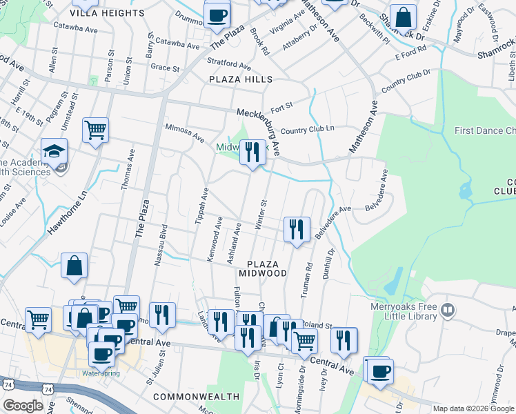map of restaurants, bars, coffee shops, grocery stores, and more near 2139 Winter Street in Charlotte