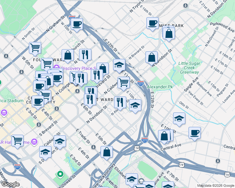 map of restaurants, bars, coffee shops, grocery stores, and more near in Charlotte