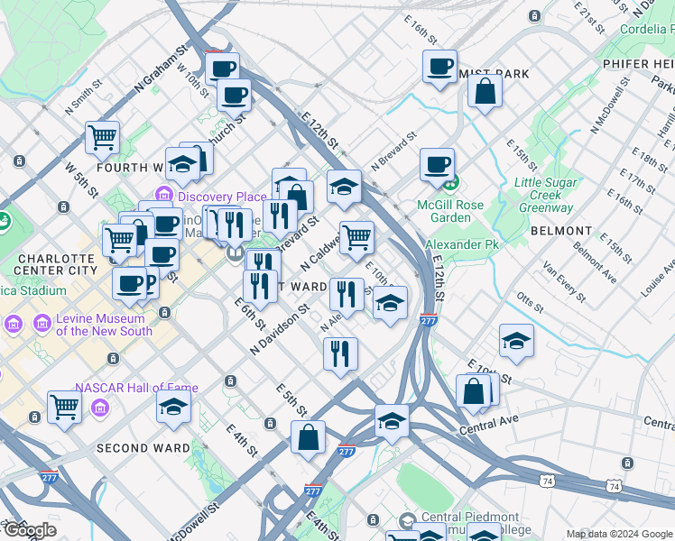 map of restaurants, bars, coffee shops, grocery stores, and more near 619 North Davidson Street in Charlotte
