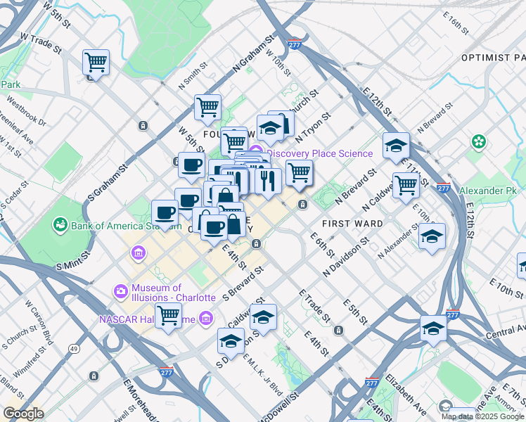 map of restaurants, bars, coffee shops, grocery stores, and more near 129 East 5th Street in Charlotte