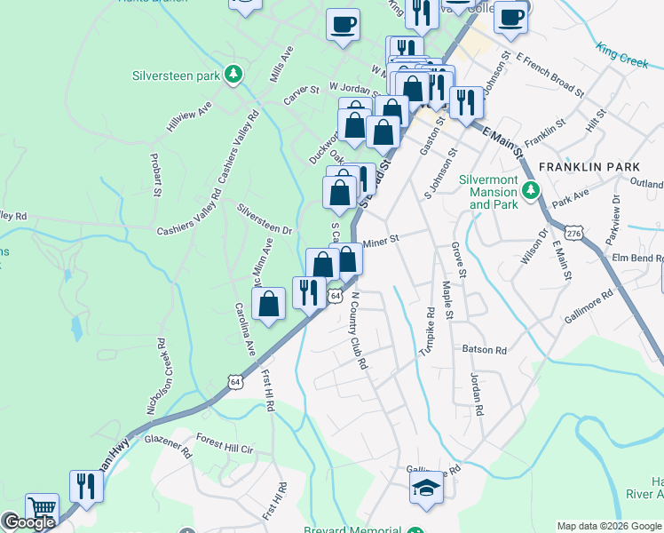 map of restaurants, bars, coffee shops, grocery stores, and more near 520 South Caldwell Street in Brevard