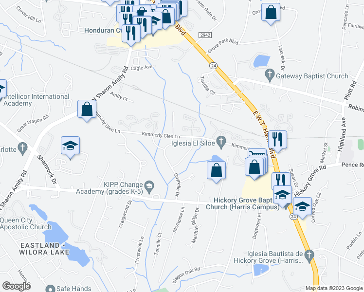 map of restaurants, bars, coffee shops, grocery stores, and more near 4401 Gaynelle Drive in Charlotte