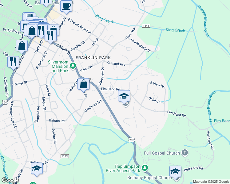 map of restaurants, bars, coffee shops, grocery stores, and more near 109 Elm Bend Road in Brevard