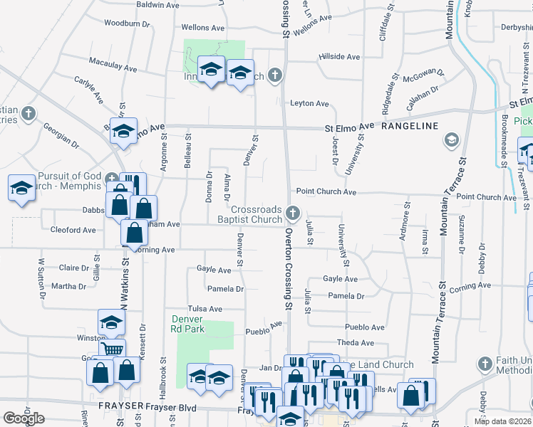map of restaurants, bars, coffee shops, grocery stores, and more near 3720 Marvin Street in Memphis