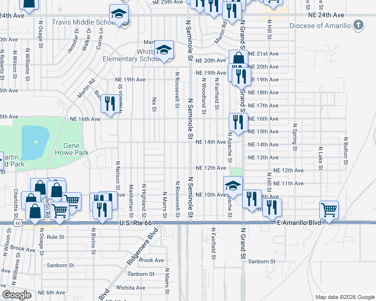map of restaurants, bars, coffee shops, grocery stores, and more near 1217 North Seminole Street in Amarillo