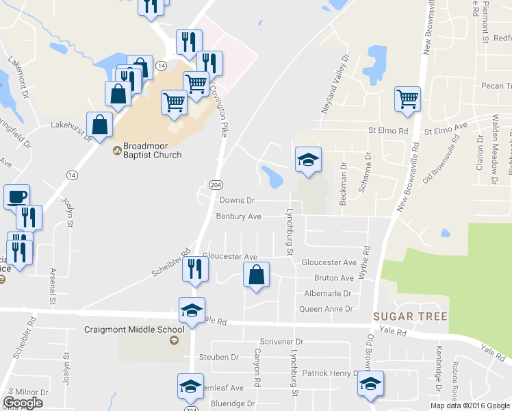 map of restaurants, bars, coffee shops, grocery stores, and more near 5191 Downs Drive in Memphis