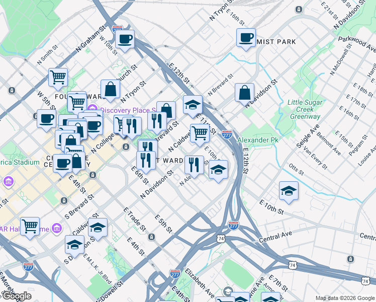 map of restaurants, bars, coffee shops, grocery stores, and more near 503 East 9th Street in Charlotte