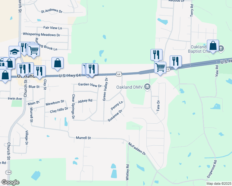 map of restaurants, bars, coffee shops, grocery stores, and more near 150 Mack Edwards Drive in Oakland