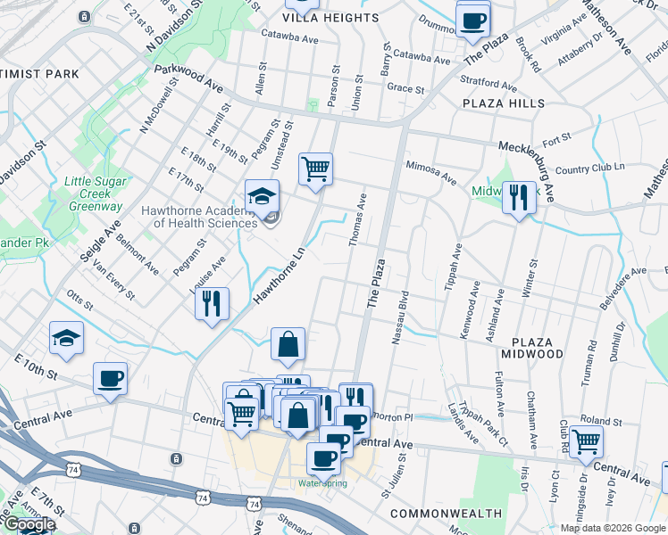 map of restaurants, bars, coffee shops, grocery stores, and more near 1508 Haywood Court in Charlotte