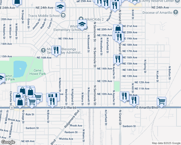 map of restaurants, bars, coffee shops, grocery stores, and more near 1223 North Seminole Street in Amarillo
