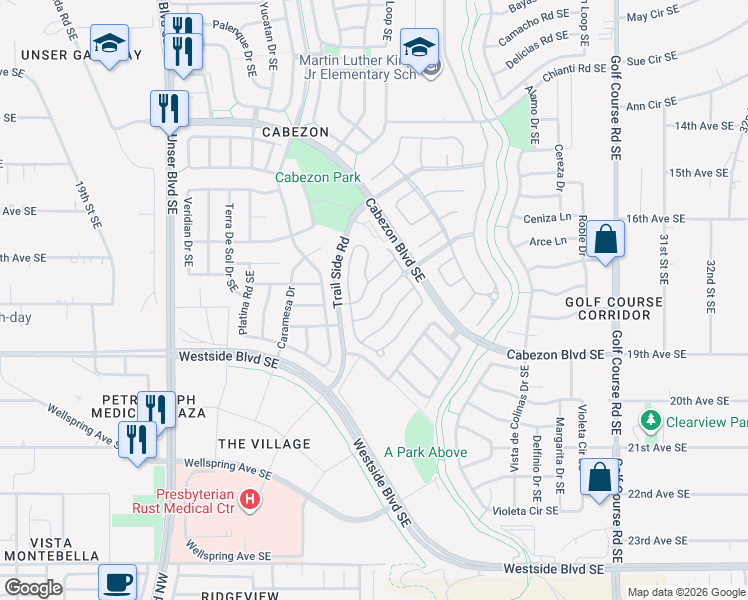 map of restaurants, bars, coffee shops, grocery stores, and more near 2444 Corvara Drive Southeast in Rio Rancho