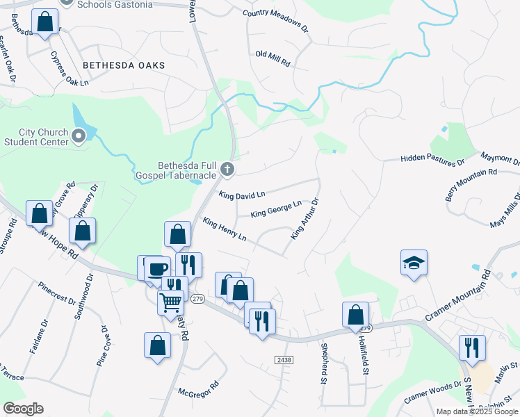 map of restaurants, bars, coffee shops, grocery stores, and more near 208 King George Lane in Gastonia