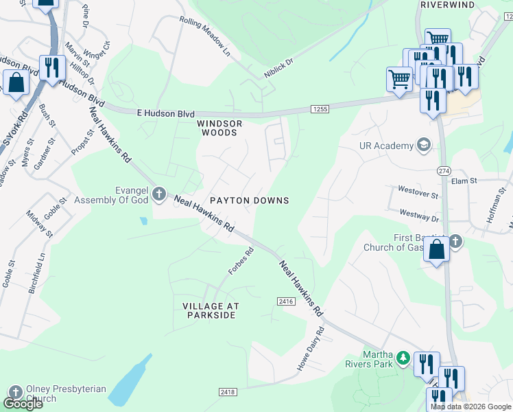 map of restaurants, bars, coffee shops, grocery stores, and more near 2440 Payton Drive in Gastonia