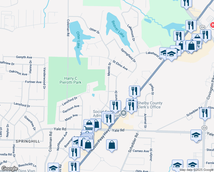 map of restaurants, bars, coffee shops, grocery stores, and more near 3709 Merritt Street in Memphis