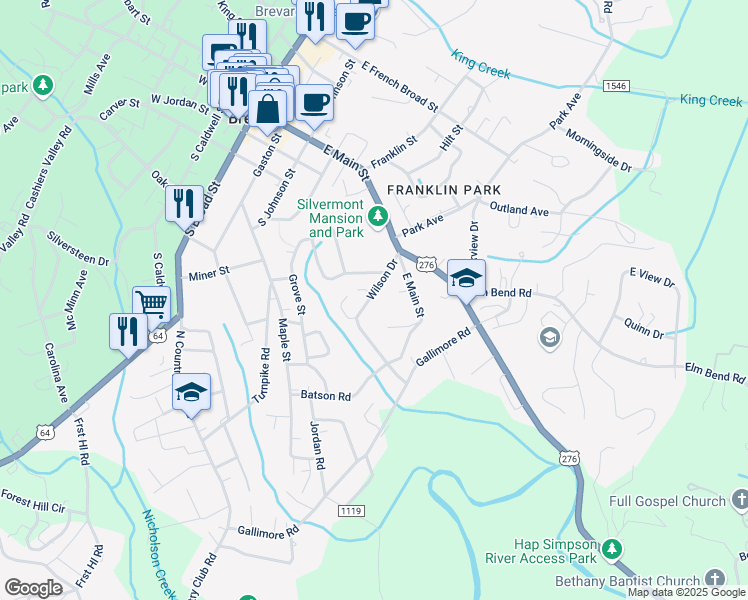 map of restaurants, bars, coffee shops, grocery stores, and more near 110 Wilson Drive in Brevard