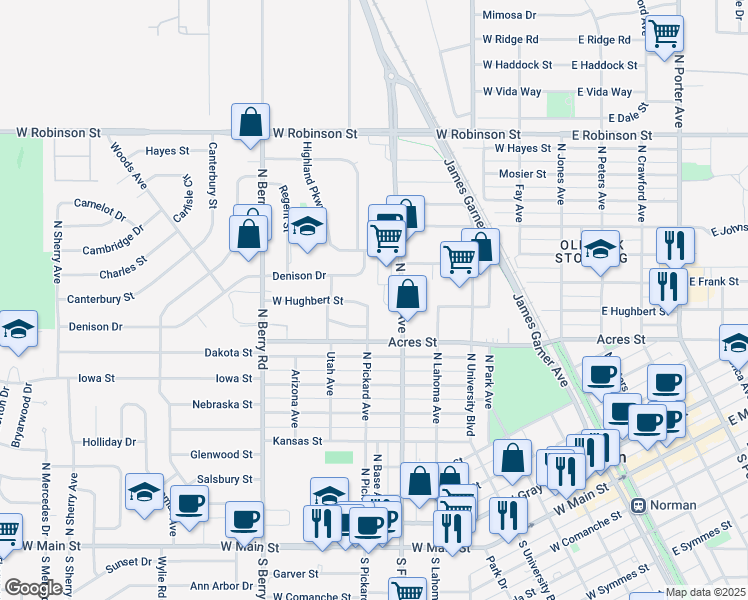 map of restaurants, bars, coffee shops, grocery stores, and more near 1312 Garfield Avenue in Norman