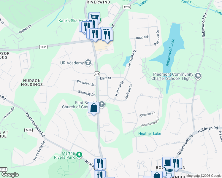map of restaurants, bars, coffee shops, grocery stores, and more near 2413 Hoffman Street in Gastonia