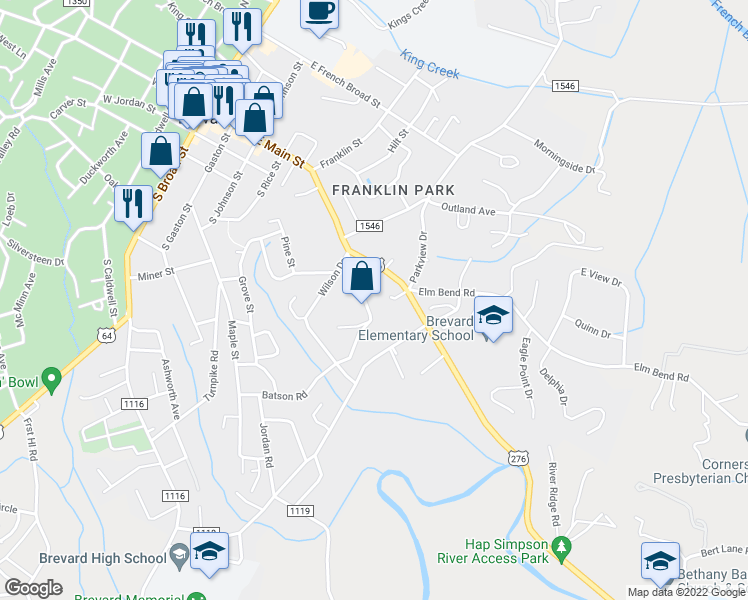 map of restaurants, bars, coffee shops, grocery stores, and more near 130 Greenville Highway in Brevard