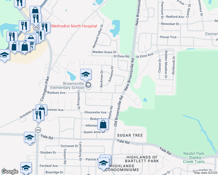 map of restaurants, bars, coffee shops, grocery stores, and more near 3721 Rippling Creek Cove in Memphis