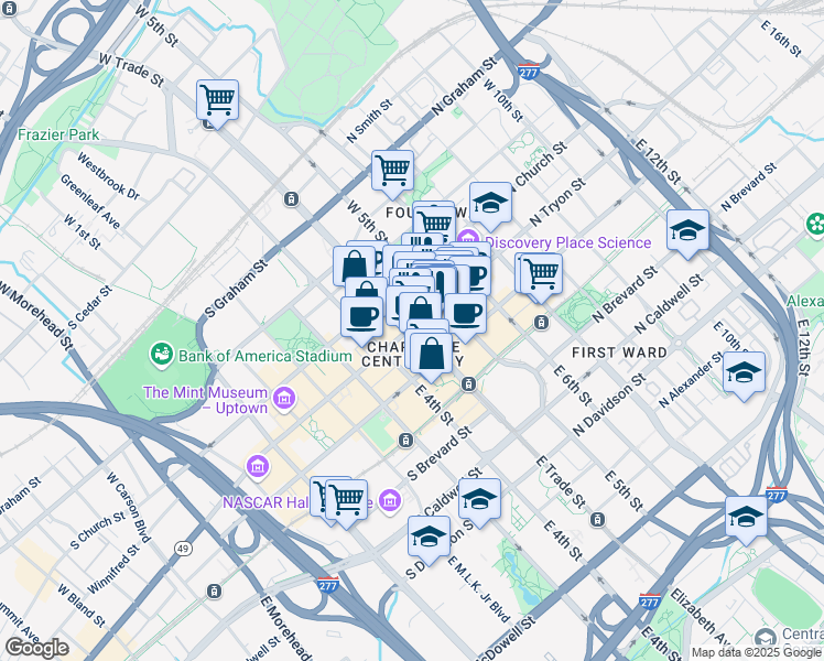 map of restaurants, bars, coffee shops, grocery stores, and more near in Charlotte