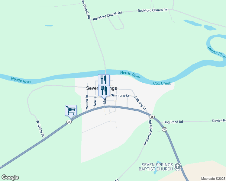 map of restaurants, bars, coffee shops, grocery stores, and more near 110 East Spring Street in Seven Springs