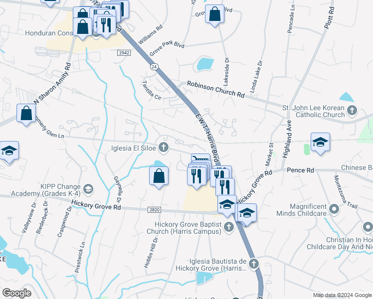 map of restaurants, bars, coffee shops, grocery stores, and more near 5549 Kimmerly Woods Drive in Charlotte