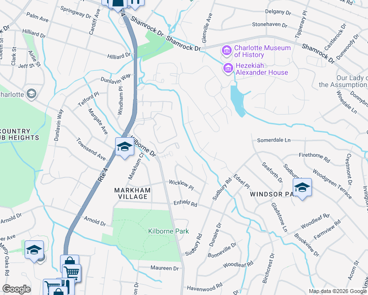 map of restaurants, bars, coffee shops, grocery stores, and more near 2215 Kilborne Drive in Charlotte