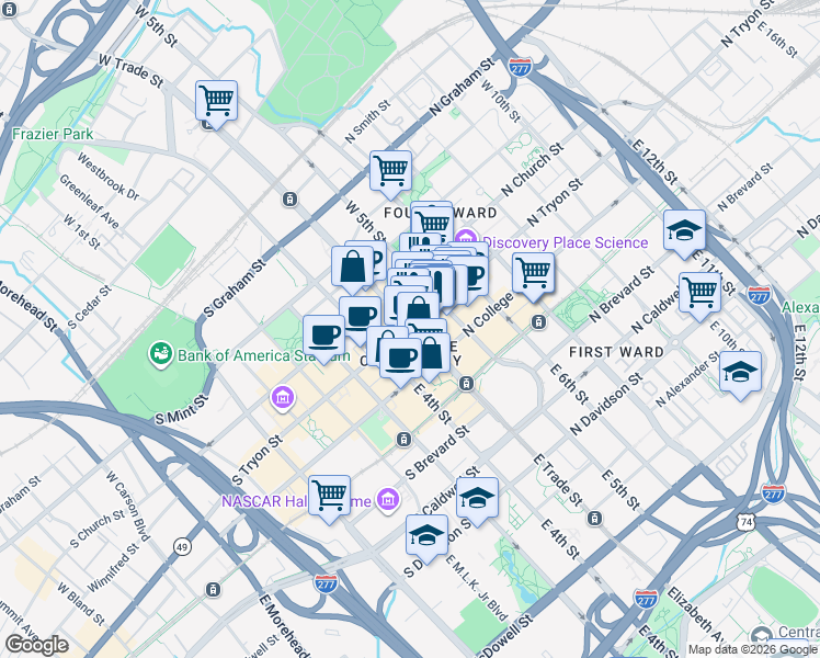 map of restaurants, bars, coffee shops, grocery stores, and more near in Charlotte