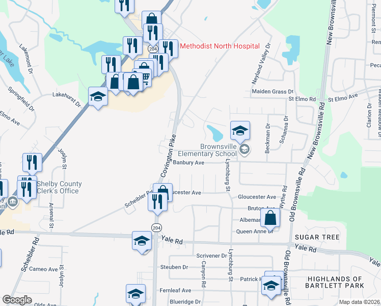 map of restaurants, bars, coffee shops, grocery stores, and more near 5136 Downs Drive in Memphis
