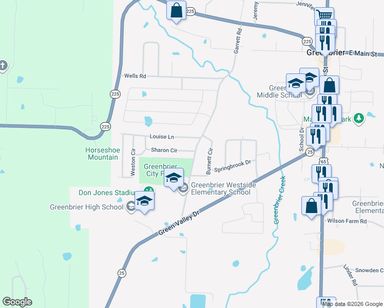 map of restaurants, bars, coffee shops, grocery stores, and more near 52 Garrett Road in Greenbrier