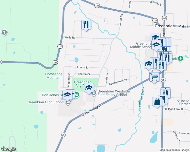 map of restaurants, bars, coffee shops, grocery stores, and more near 12 Sharon Circle in Greenbrier
