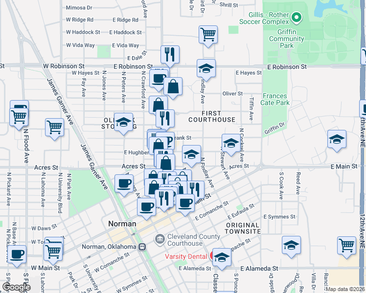 map of restaurants, bars, coffee shops, grocery stores, and more near 422 East Frank Street in Norman