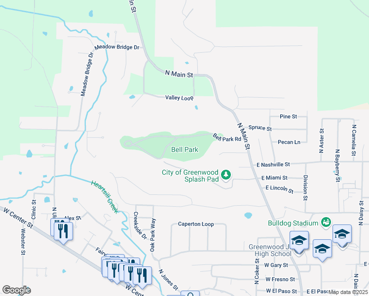 map of restaurants, bars, coffee shops, grocery stores, and more near 1050 Bell Park Road in Greenwood