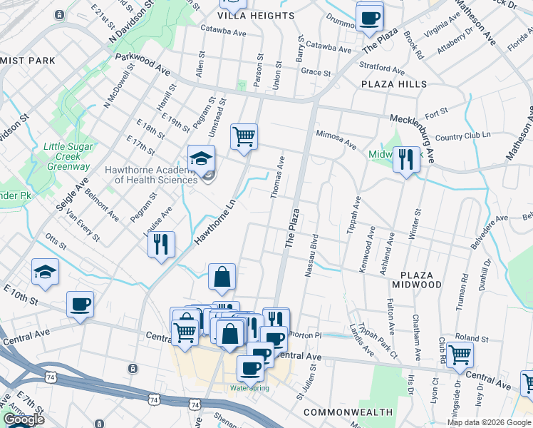 map of restaurants, bars, coffee shops, grocery stores, and more near 1827 Thomas Avenue in Charlotte