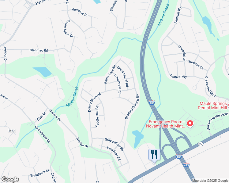map of restaurants, bars, coffee shops, grocery stores, and more near 12328 Downy Birch Road in Charlotte