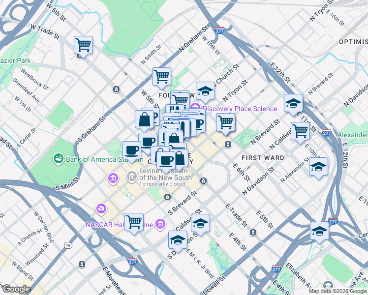 map of restaurants, bars, coffee shops, grocery stores, and more near in Charlotte