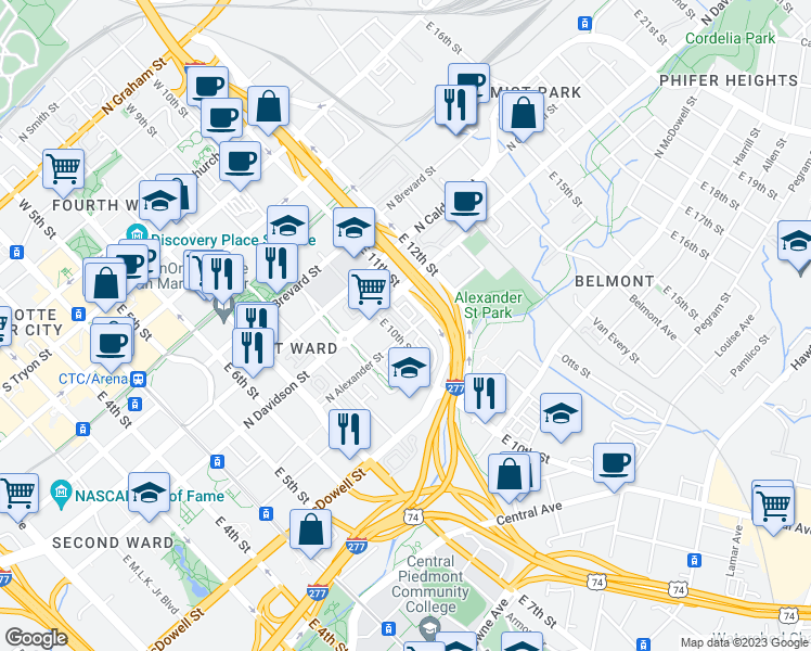 map of restaurants, bars, coffee shops, grocery stores, and more near 660 Garden District Drive in Charlotte