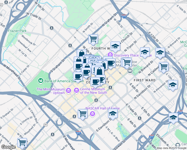 map of restaurants, bars, coffee shops, grocery stores, and more near in Charlotte