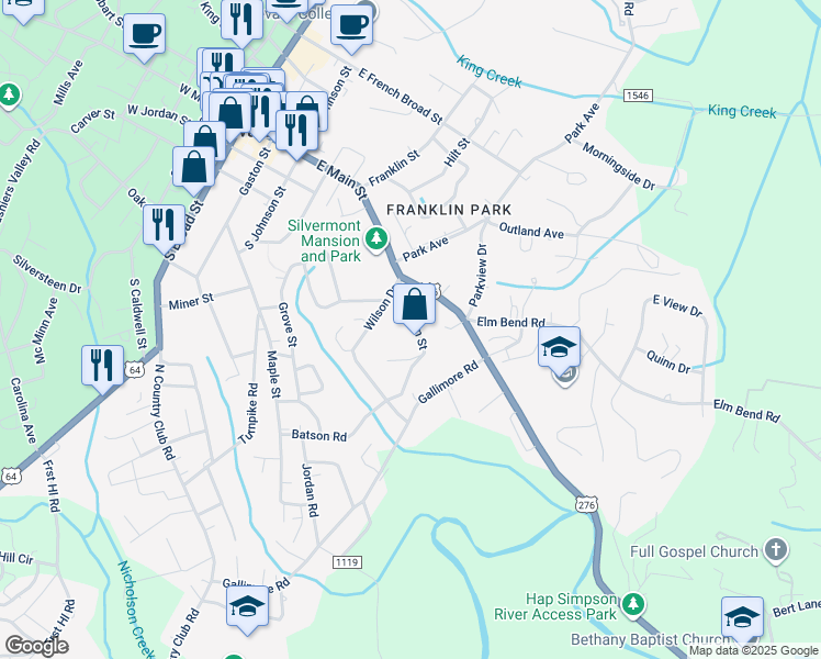map of restaurants, bars, coffee shops, grocery stores, and more near 630 East Main Street in Brevard