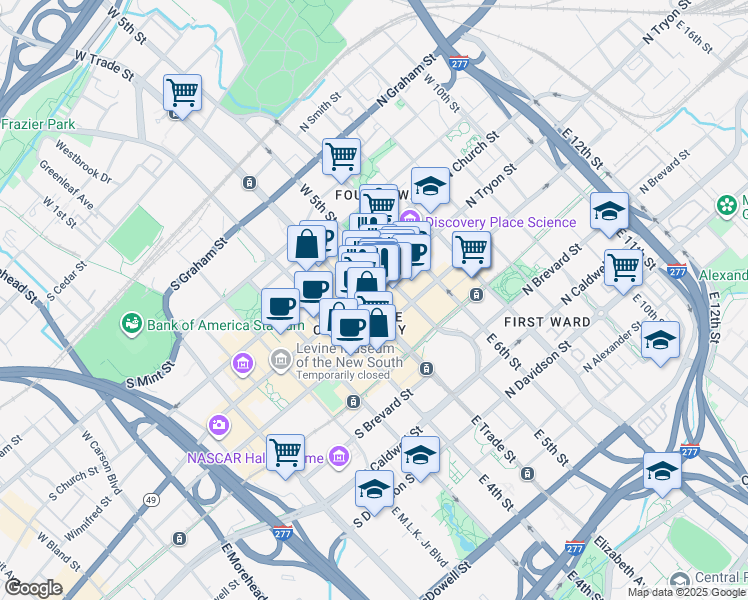 map of restaurants, bars, coffee shops, grocery stores, and more near 123 East Trade Street in Charlotte