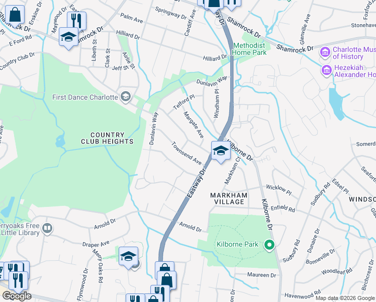 map of restaurants, bars, coffee shops, grocery stores, and more near 2008 Sandhurst Drive in Charlotte