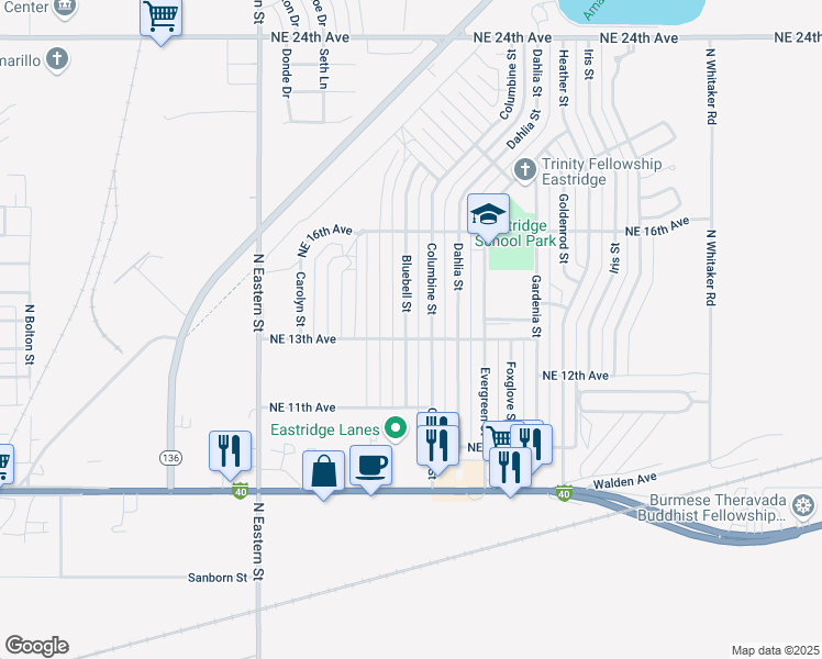 map of restaurants, bars, coffee shops, grocery stores, and more near 1302 Bluebell Street in Amarillo