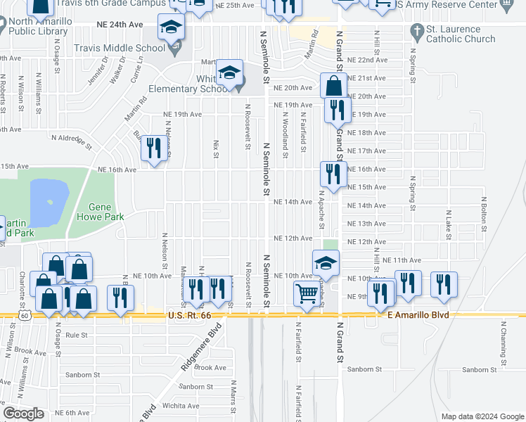 map of restaurants, bars, coffee shops, grocery stores, and more near 1219 North Seminole Street in Amarillo