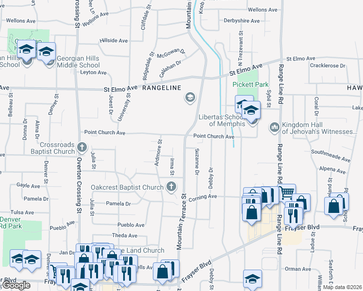 map of restaurants, bars, coffee shops, grocery stores, and more near 2361 Point Church Avenue in Memphis