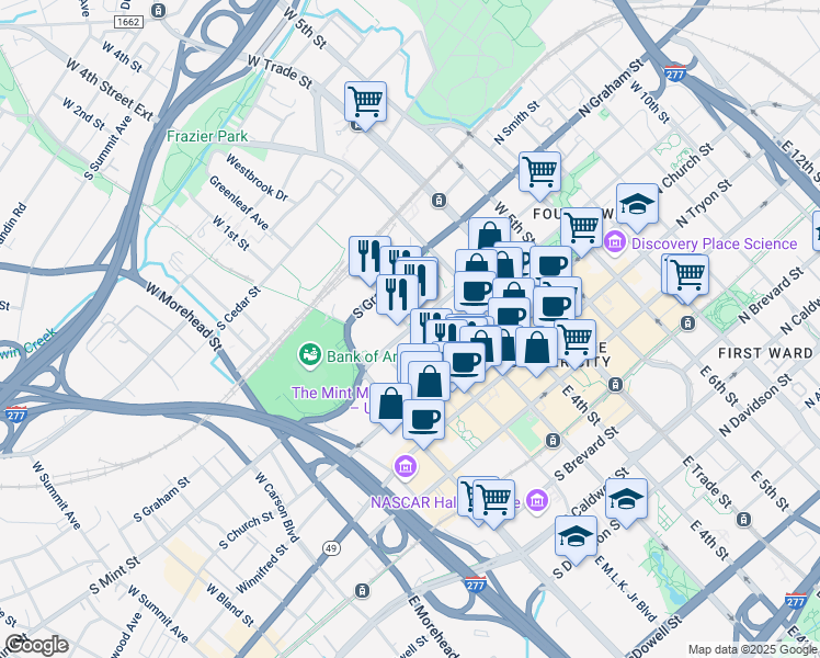 map of restaurants, bars, coffee shops, grocery stores, and more near S Mint St & W Martin Luther King Jr Blvd in Charlotte