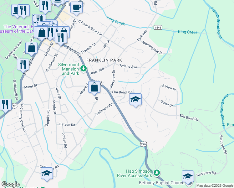 map of restaurants, bars, coffee shops, grocery stores, and more near 34 Parkview Drive in Brevard
