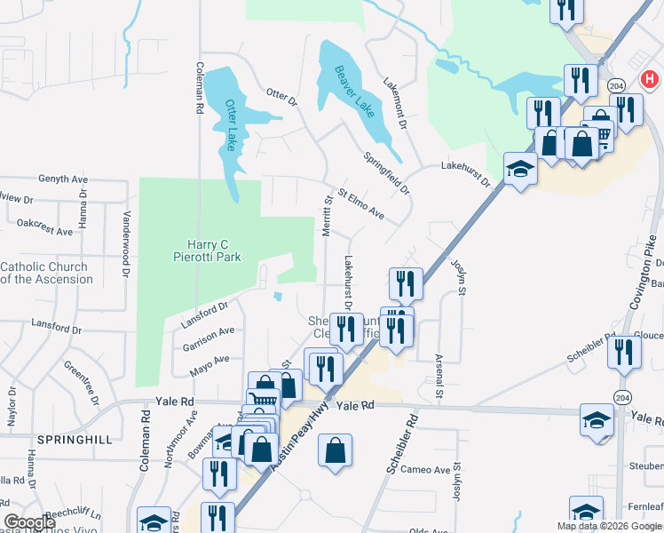 map of restaurants, bars, coffee shops, grocery stores, and more near 3728 Merritt Street in Memphis
