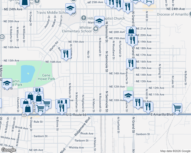 map of restaurants, bars, coffee shops, grocery stores, and more near 1222 North Marrs Street in Amarillo
