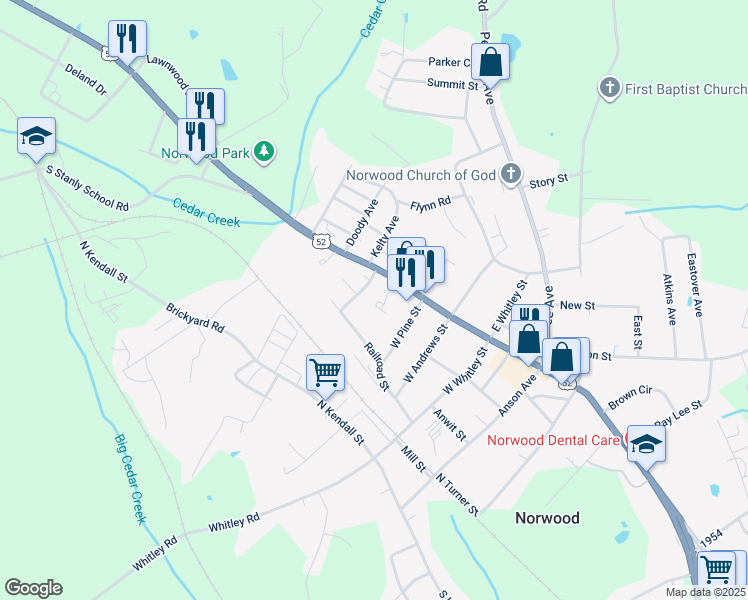map of restaurants, bars, coffee shops, grocery stores, and more near 128 Central Avenue in Norwood