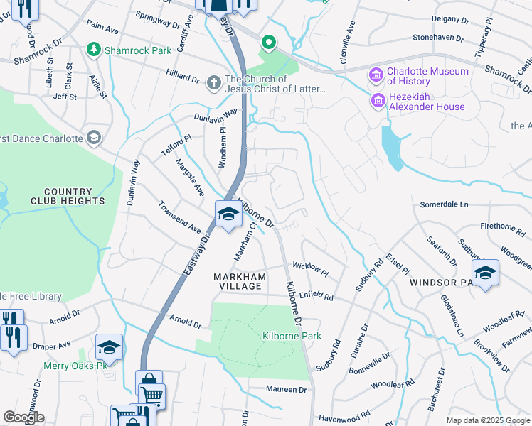 map of restaurants, bars, coffee shops, grocery stores, and more near 2123 Kilborne Drive in Charlotte